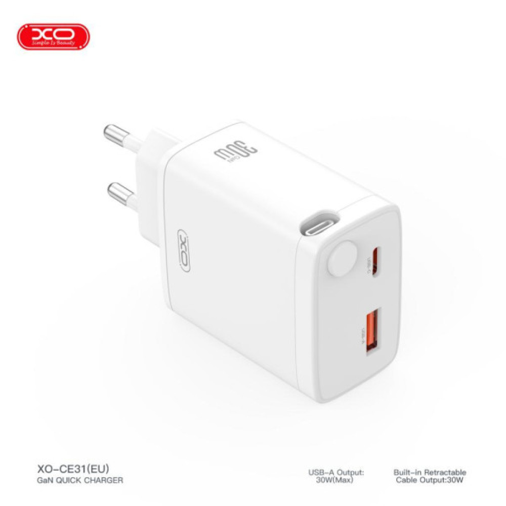 Зарядний пристрій XO 1xUSB-C + 1xUSB QC30W GaN + cable USB-C to USB-C white (XO-CE31)