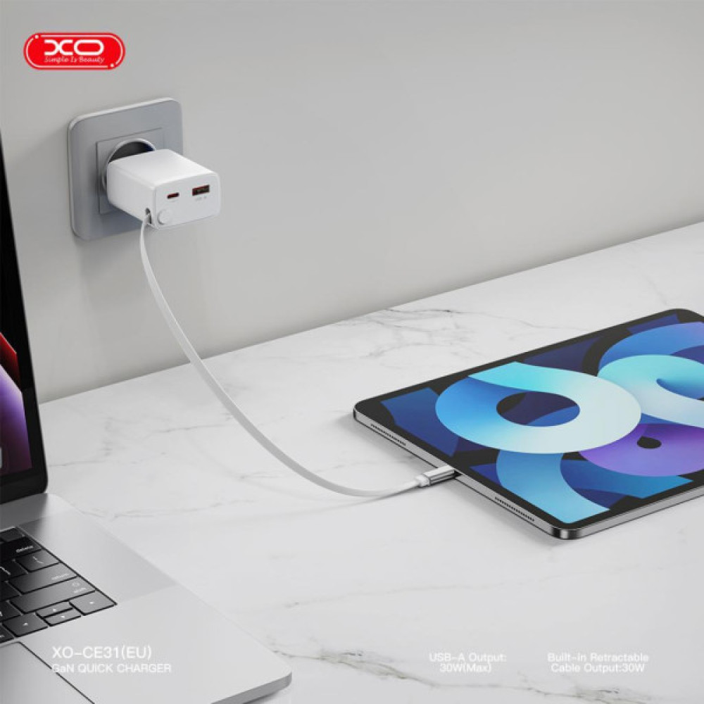 Зарядний пристрій XO 1xUSB-C + 1xUSB QC30W GaN + cable USB-C to USB-C white (XO-CE31)