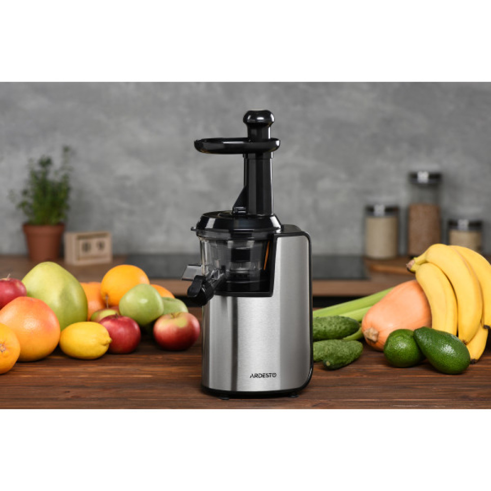 Соковитискач ARDESTO шнековий 200Вт, чаша-0.6л, жмих-0.6л, пластик/метал, сріблясто-чорний