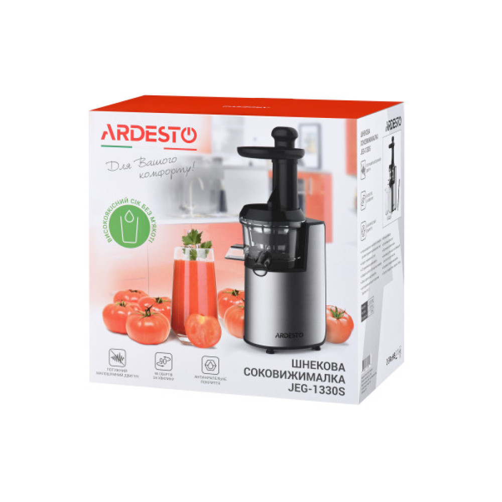 Соковитискач ARDESTO шнековий 200Вт, чаша-0.6л, жмих-0.6л, пластик/метал, сріблясто-чорний