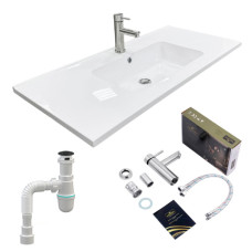 Набір для ванної кімнати, раковина, умивальник Adamant FLATE 100, штучний камінь, прямокут., з сифоном Click-Clack + змішувач