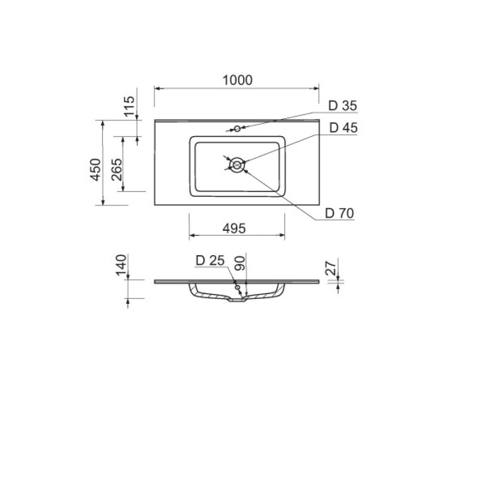 Набір для ванної кімнати, раковина, умивальник Adamant FLATE 100, штучний камінь, прямокут., з сифоном Click-Clack + змішувач