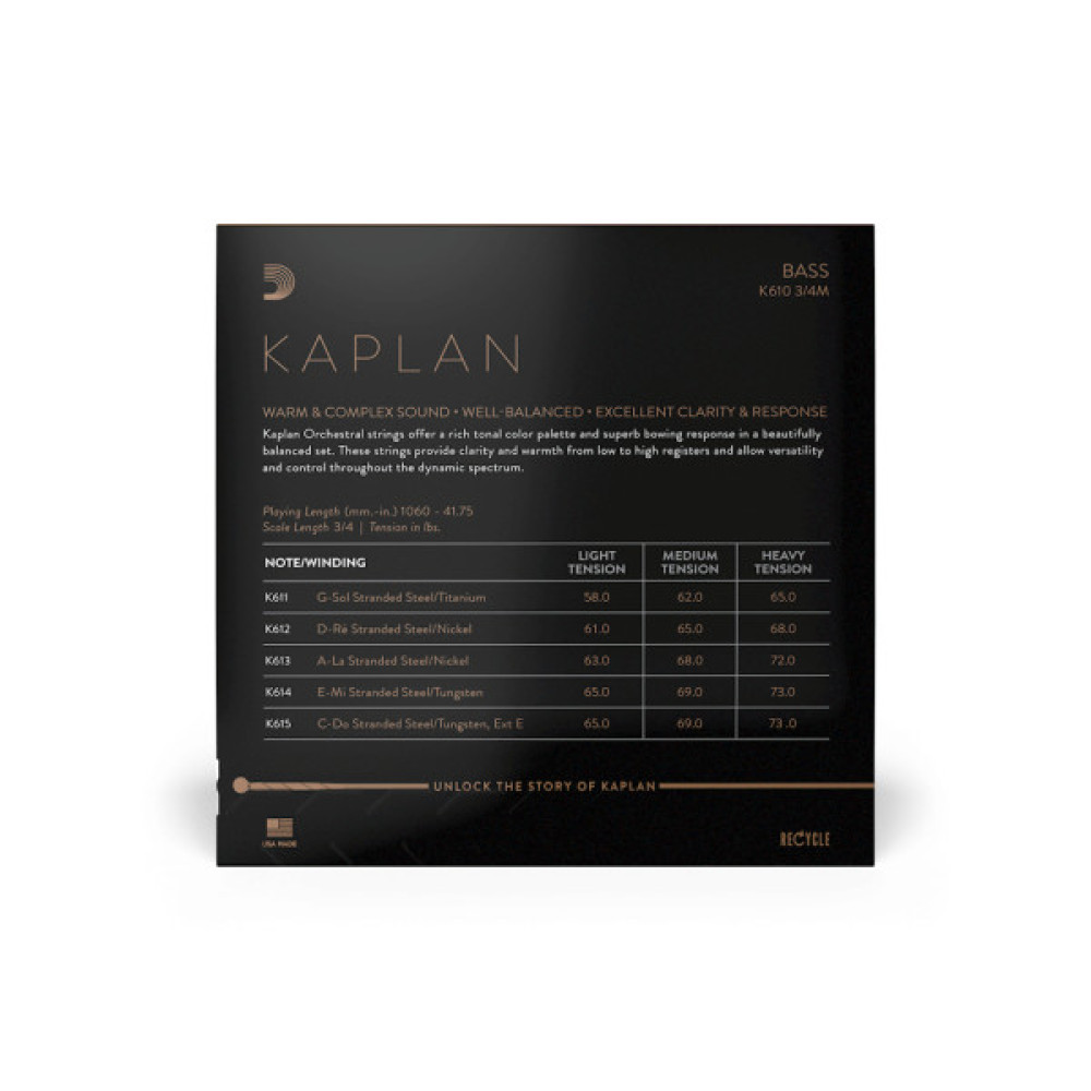 Струни для контрабаса D'Addario Kaplan Bass String Set 3/4 Scale Medium Tension (K610 3/4M)