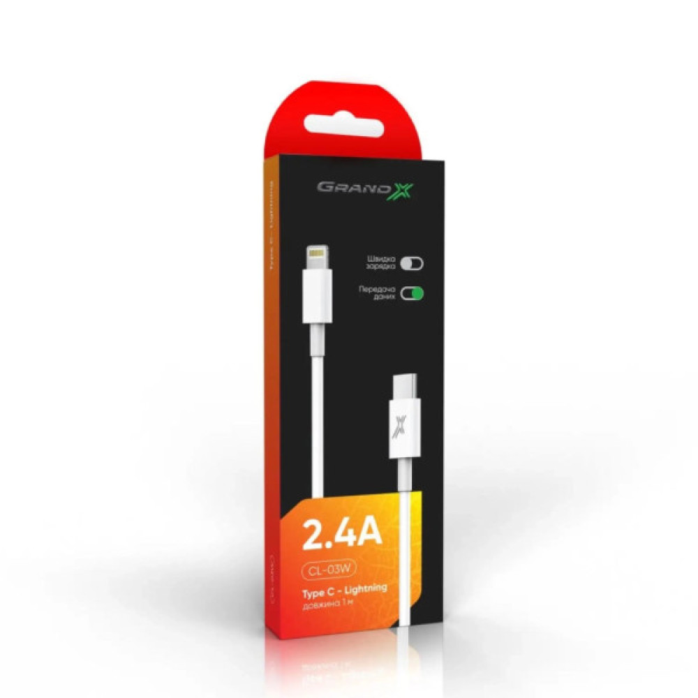 Дата кабель USB-C to Lightning 1.0m12W CL-03W White Grand-X (CL-03W)