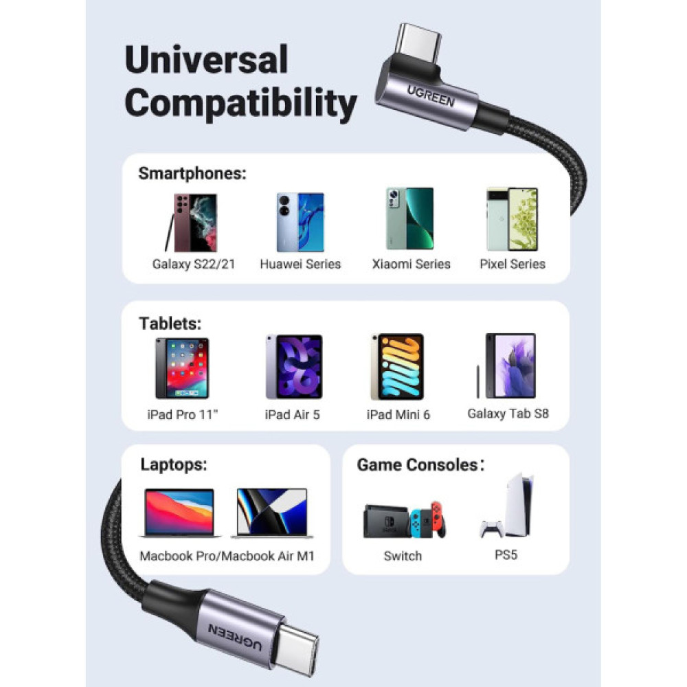 Дата кабель USB-C to USB-C 0.5m 3A 60W 90° corner US255 black/gray Ugreen (50122)