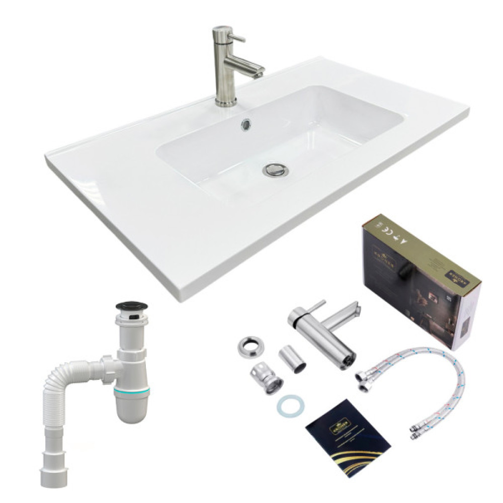 Набір для ванної кімнати, раковина, умивальник Adamant FLATE 80, штучний камінь, прямокут., з сифоном Click-Clack + змішувач