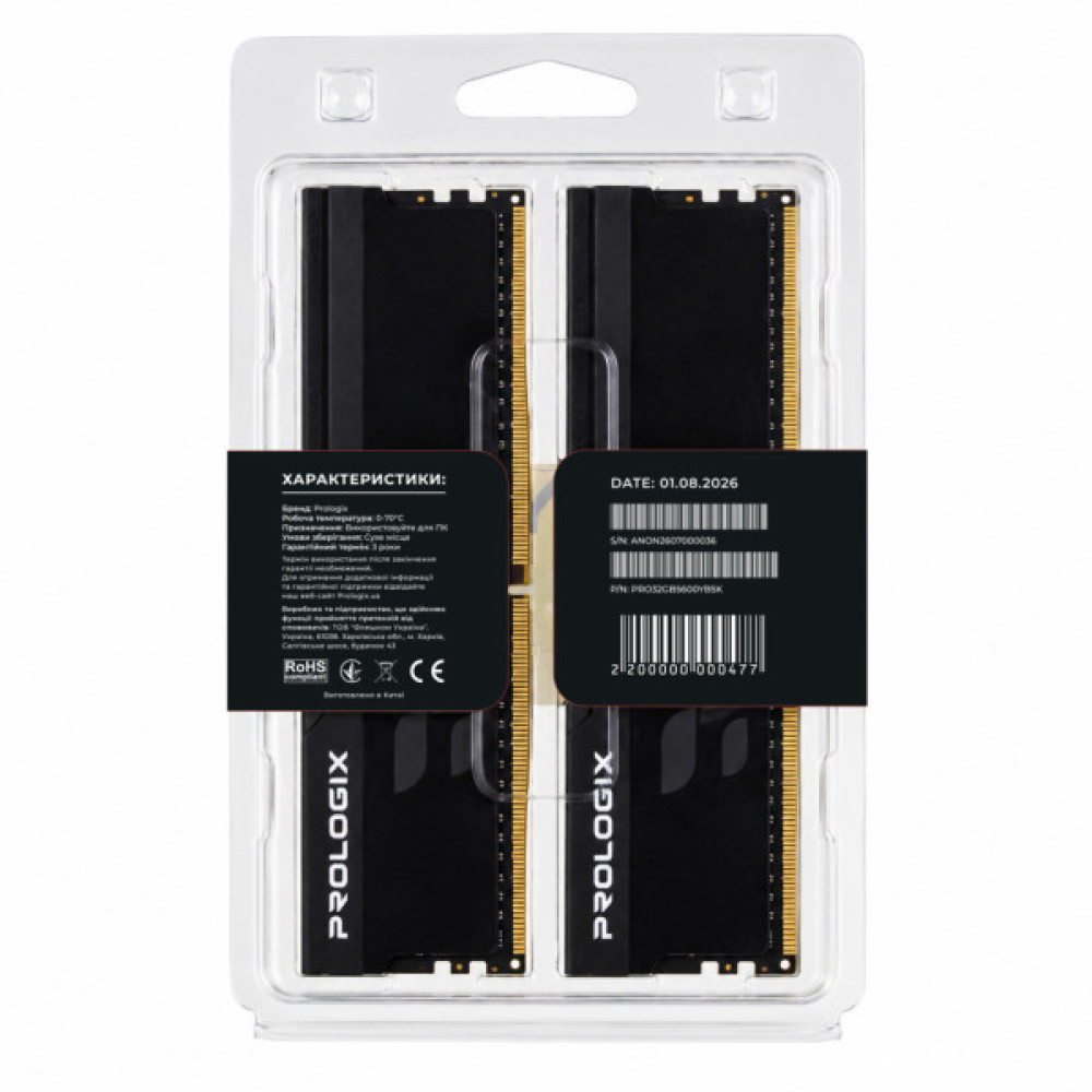 Модуль пам'яті для комп'ютера DDR5 32GB (2x16GB) 5600 MHz Onyx Black Prologix (PRO32GB5600YB5K)