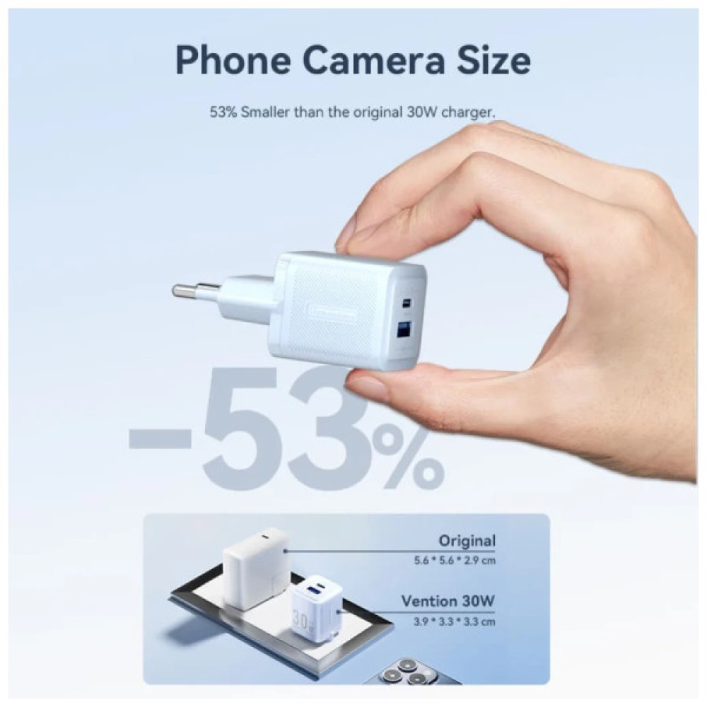 Зарядний пристрій Vention 1xUSB-C PD30W + 1xUSB QC3.0 30W GaN + cable USB-C to USB-C 1.0m black (TZ-FEQB0-EU-01)