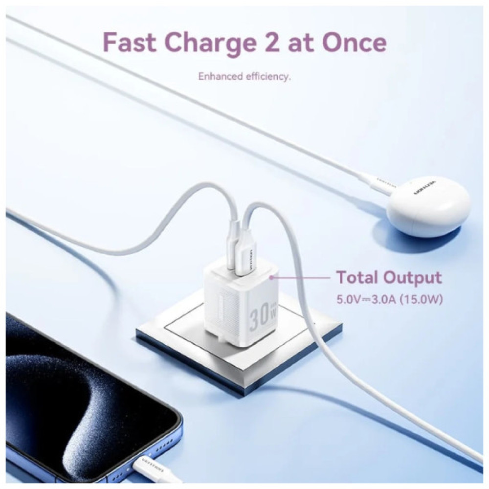 Зарядний пристрій Vention 1xUSB-C PD30W + 1xUSB QC3.0 30W GaN + cable USB-C to USB-C 1.0m black (TZ-FEQB0-EU-01)