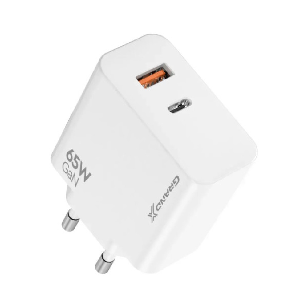 Зарядний пристрій Grand-X GaN 1xUSB-C + 1xUSB 65W PD3.0 QC4.0 AFC SCP FCP white (CH-960W)