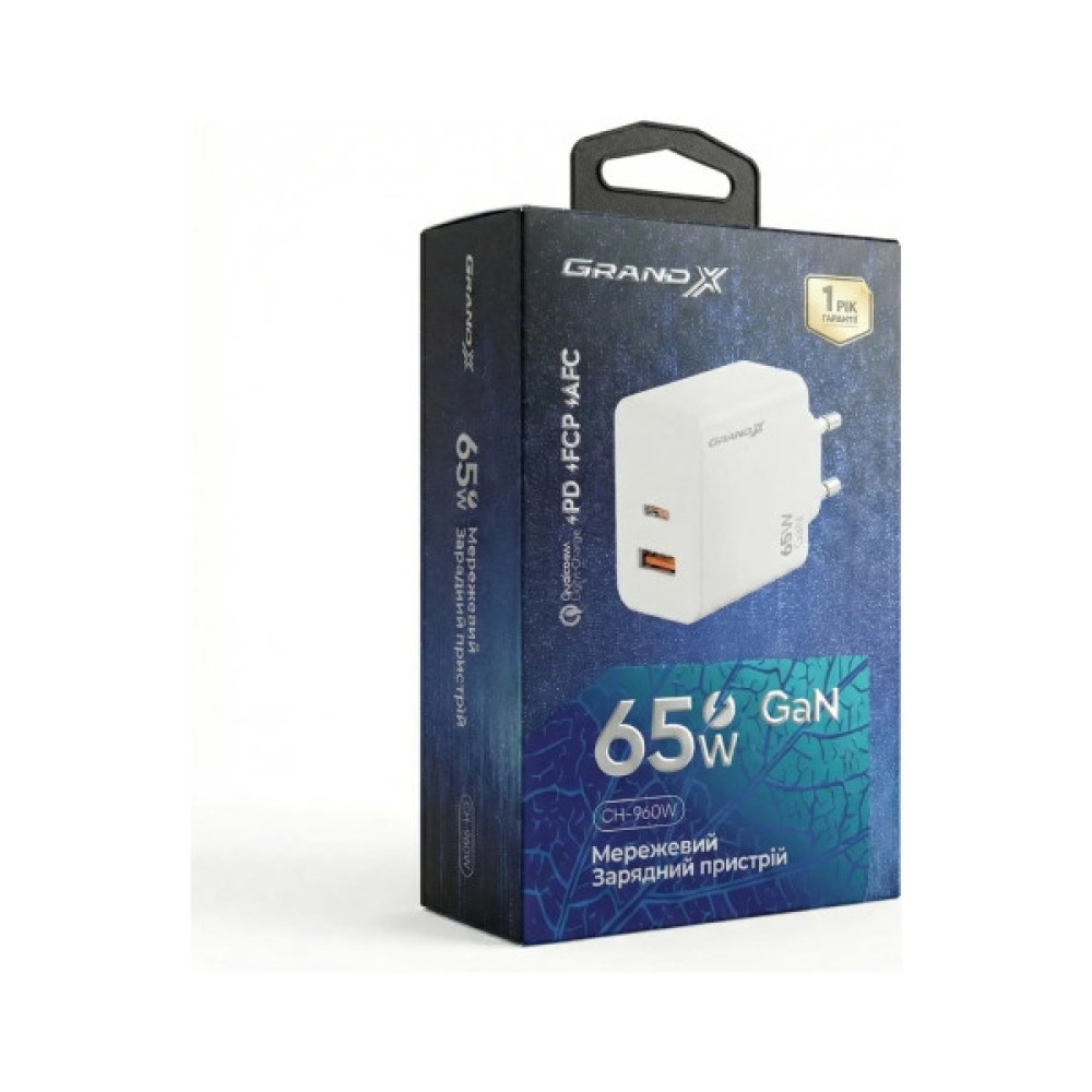 Зарядний пристрій Grand-X GaN 1xUSB-C + 1xUSB 65W PD3.0 QC4.0 AFC SCP FCP white (CH-960W)