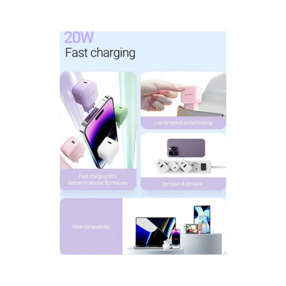 Зарядний пристрій VENTION 1xUSB-C 20W PD3.0/QC3.0 Purple (FEJV0-EU)
