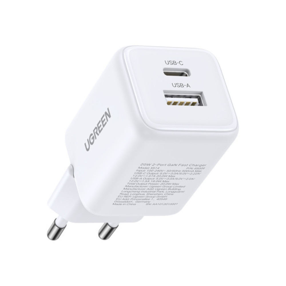 Зарядний пристрій Ugreen X514 1xUSB-C PD20W + 1xUSB GaN white (65006)