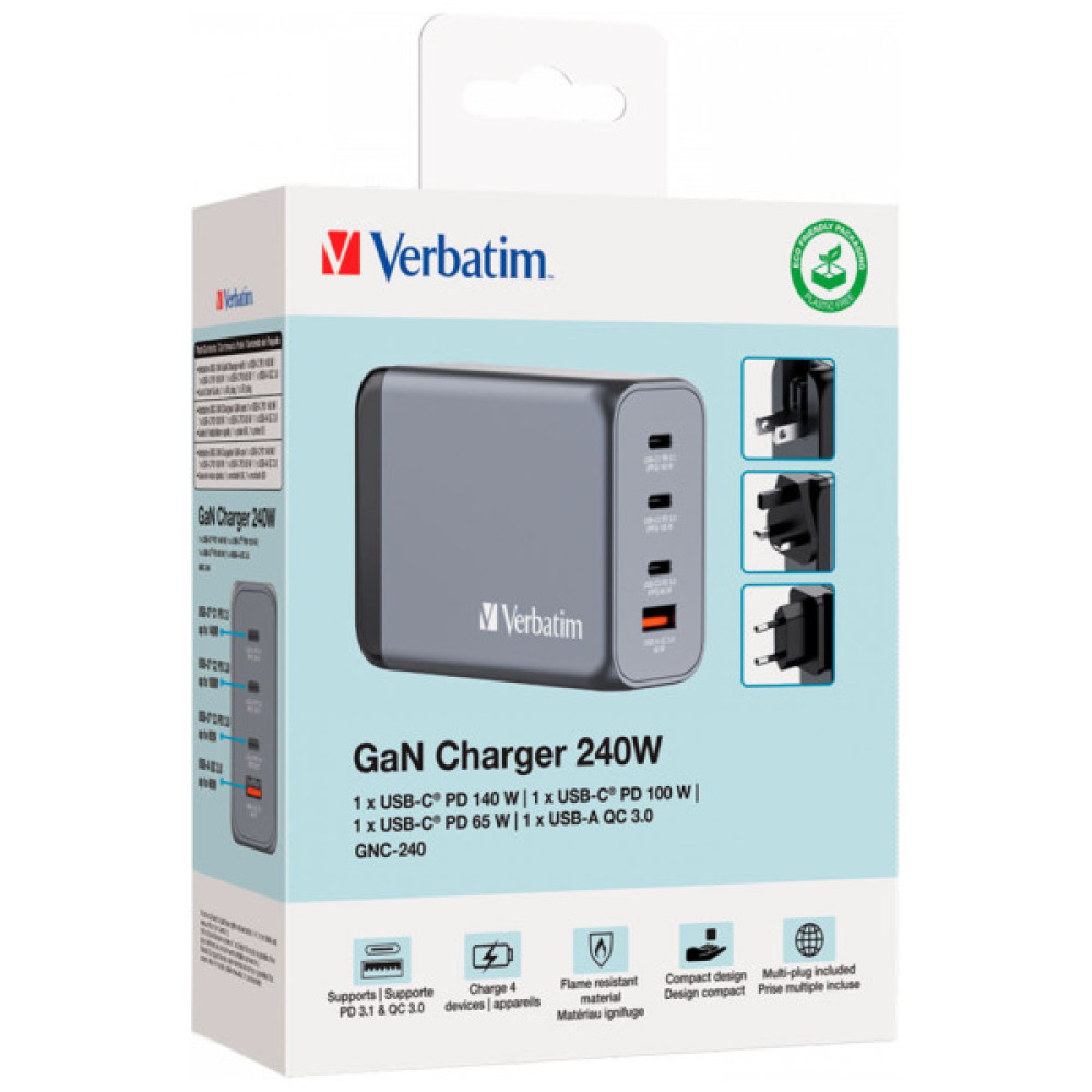 Зарядний пристрій Verbatim GaN 240 W 4 ports (USB-C-140 W,USB-C-100 W,USB-C-65 W /USB-A -3.0) (32205)