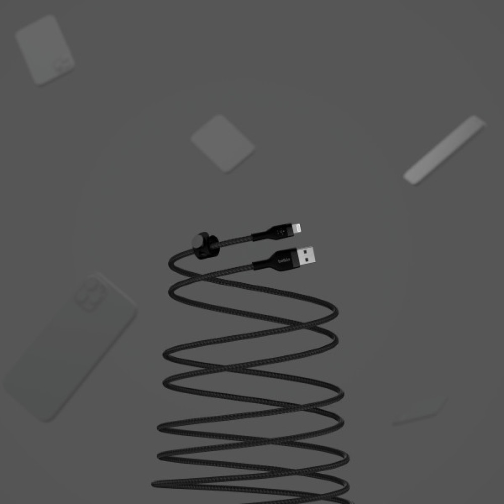 Кабель USB-A > Lightning заряджання/синхронізації Belkin 1м, плетений, силіконовий, з ремінцем на магніті, чорний