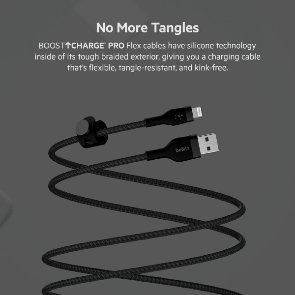Кабель USB-A > Lightning заряджання/синхронізації Belkin 1м, плетений, силіконовий, з ремінцем на магніті, чорний