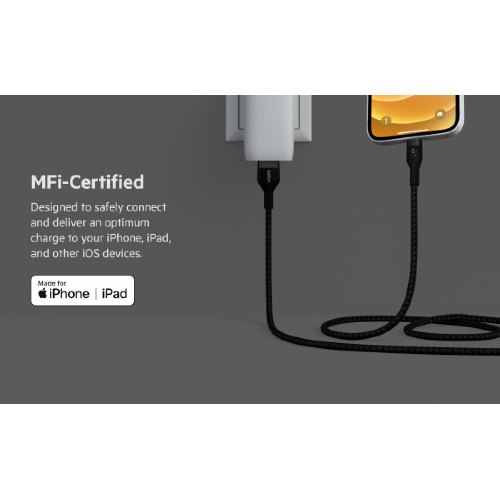 Кабель USB-A > Lightning заряджання/синхронізації Belkin 1м, плетений, силіконовий, з ремінцем на магніті, чорний