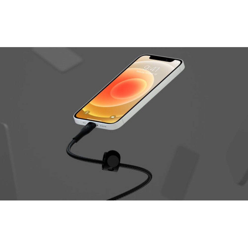 Кабель USB-A > Lightning заряджання/синхронізації Belkin 1м, плетений, силіконовий, з ремінцем на магніті, чорний