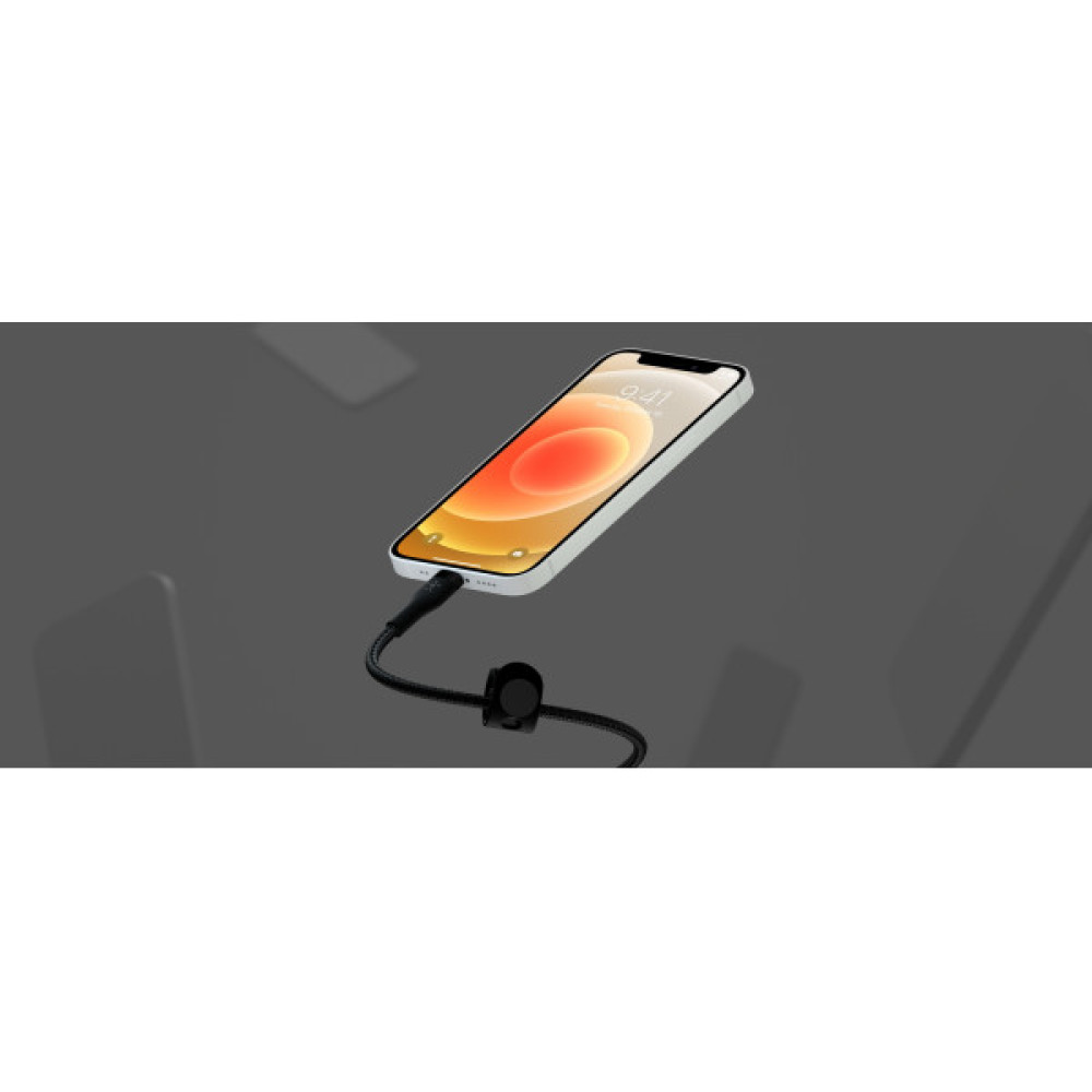 Кабель USB-A > Lightning заряджання/синхронізації Belkin 1м, плетений, силіконовий, з ремінцем на магніті, чорний