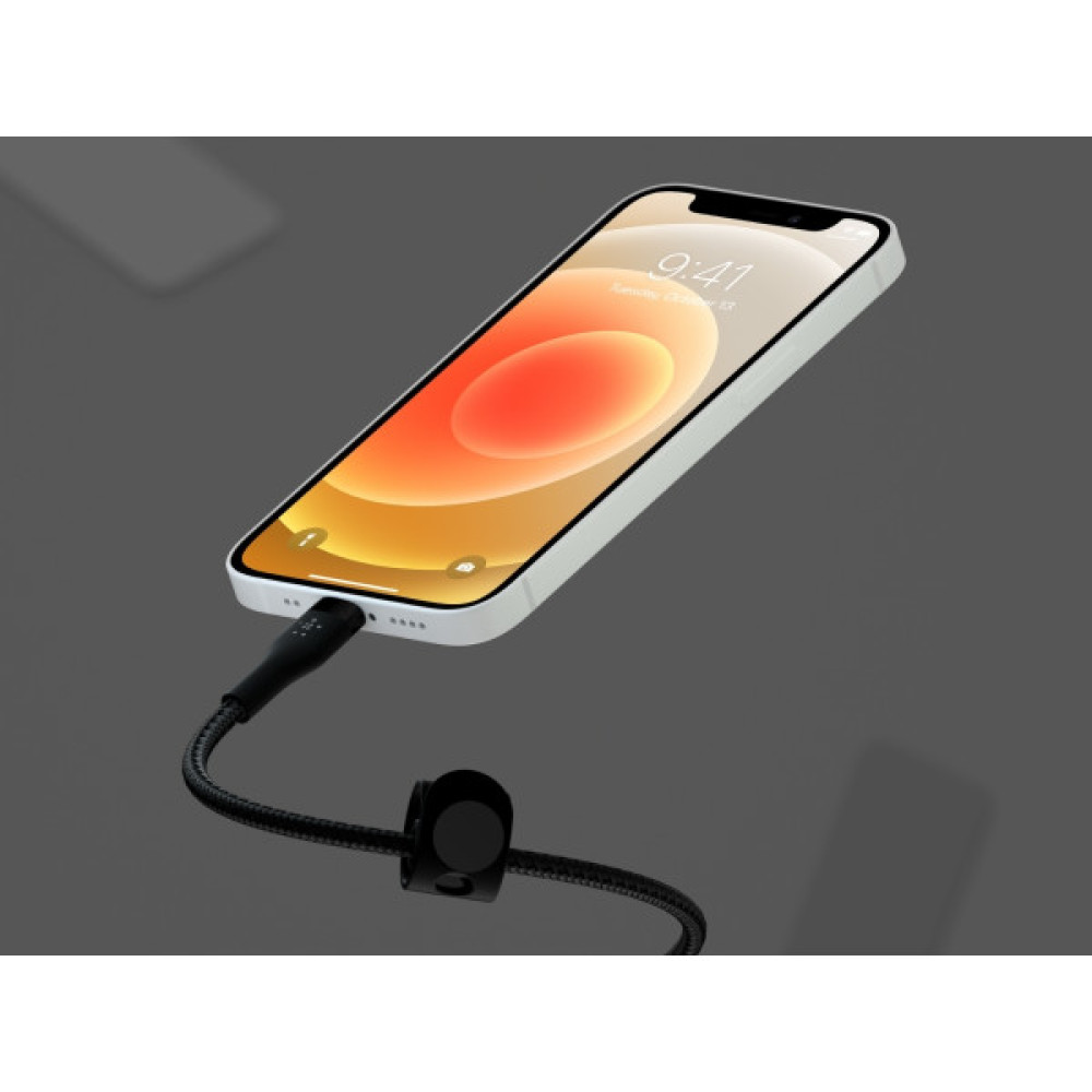 Кабель USB-A > Lightning заряджання/синхронізації Belkin 1м, плетений, силіконовий, з ремінцем на магніті, чорний