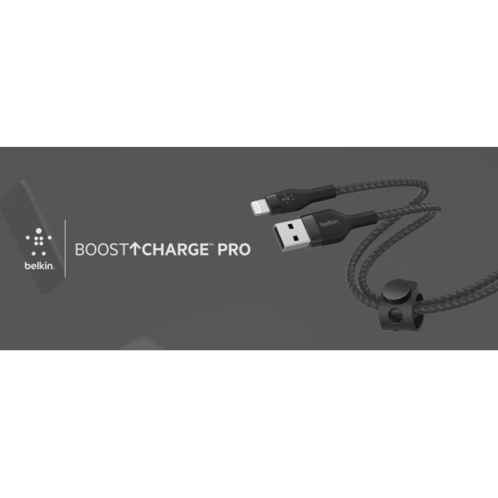 Кабель USB-A > Lightning заряджання/синхронізації Belkin 1м, плетений, силіконовий, з ремінцем на магніті, чорний