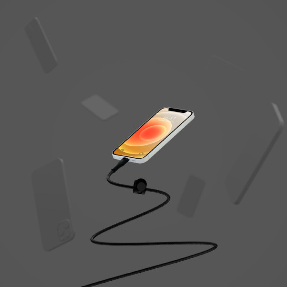 Кабель USB-A > Lightning заряджання/синхронізації Belkin 1м, плетений, силіконовий, з ремінцем на магніті, чорний