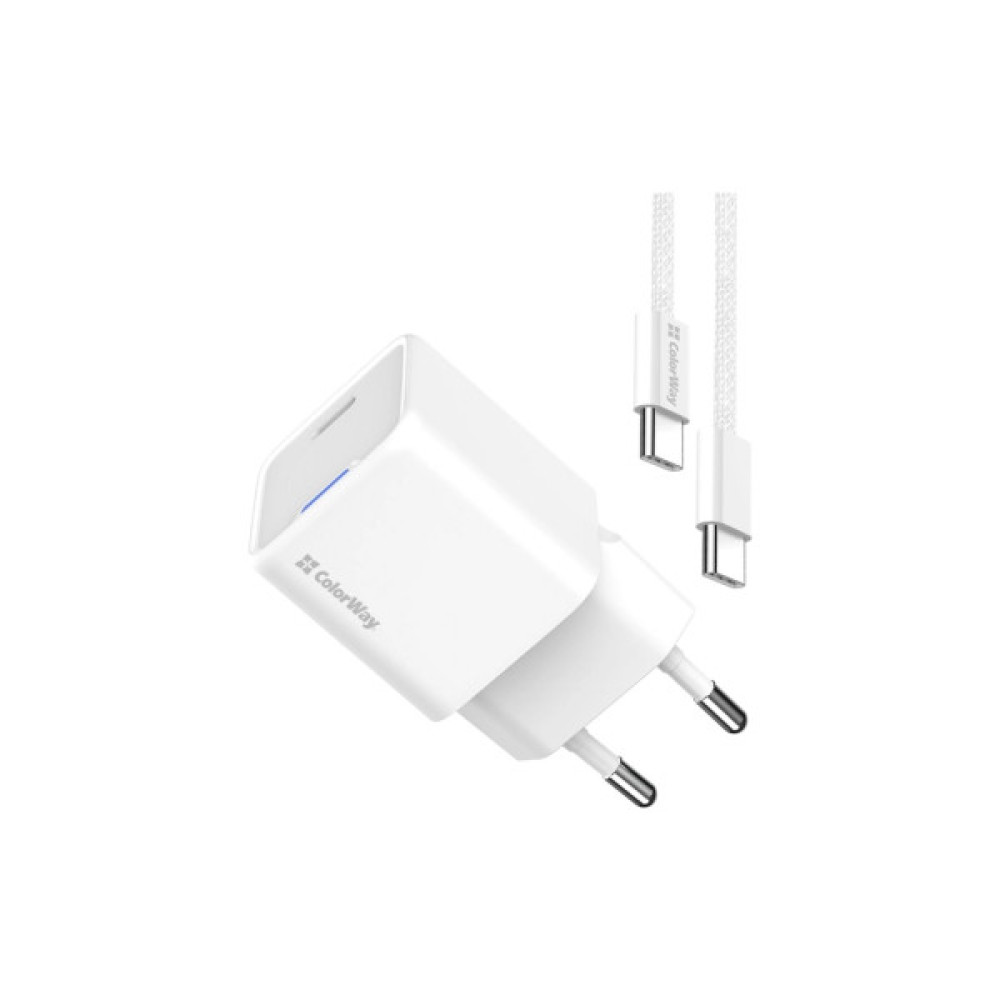 Зарядний пристрій ColorWay GaN Mini 25W PD Port PPS USB-C white cable Type-C (CW-CHS052PDC-WT)