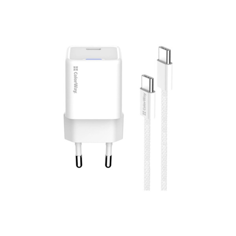 Зарядний пристрій ColorWay GaN Mini 25W PD Port PPS USB-C white cable Type-C (CW-CHS052PDC-WT)