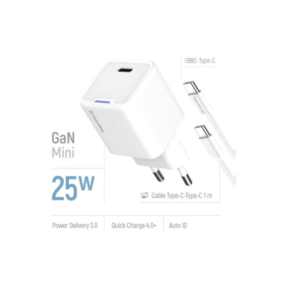 Зарядний пристрій ColorWay GaN Mini 25W PD Port PPS USB-C white cable Type-C (CW-CHS052PDC-WT)