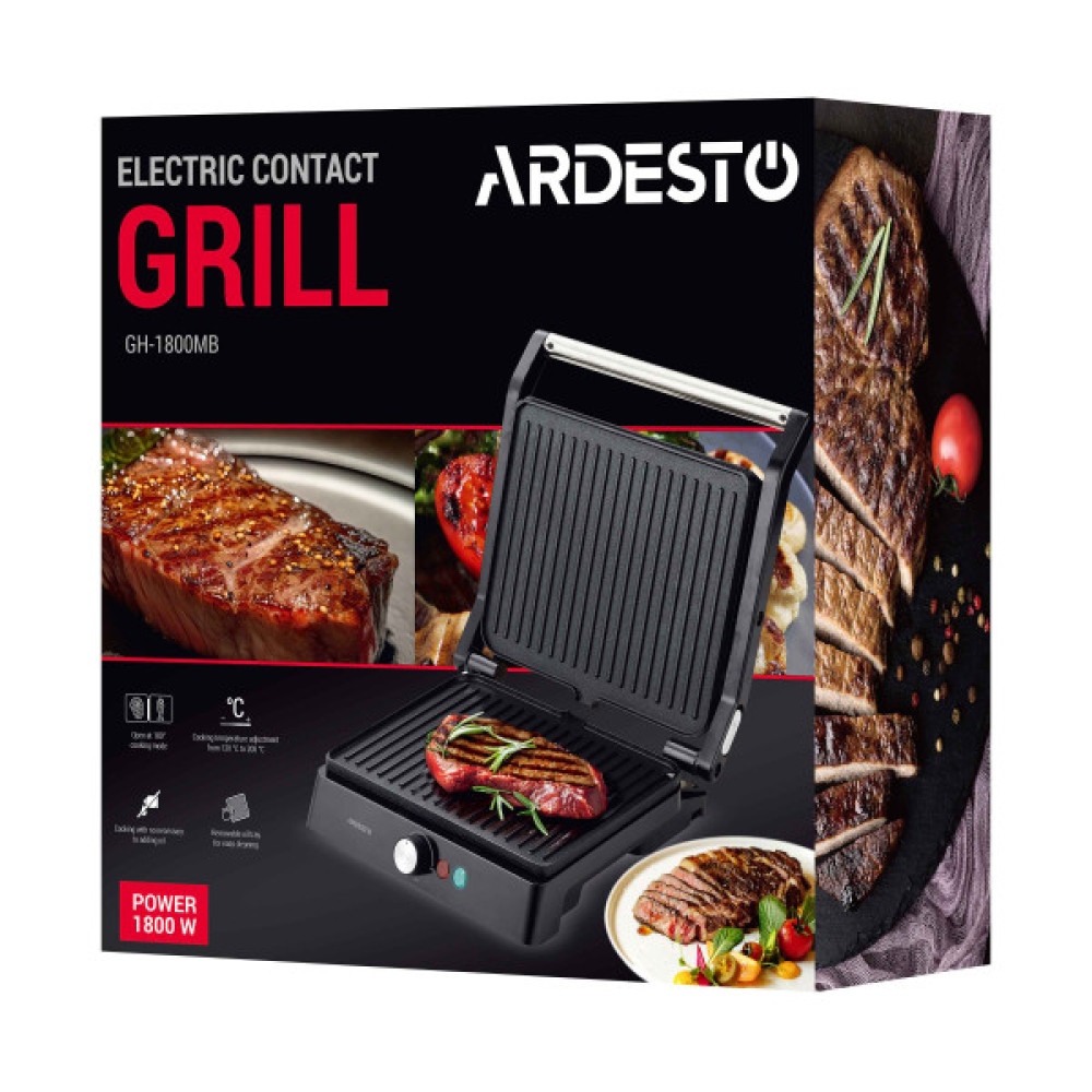 Гриль ARDESTO прижимний 1800Вт, розкриття на 180°, чорно-сріблястий