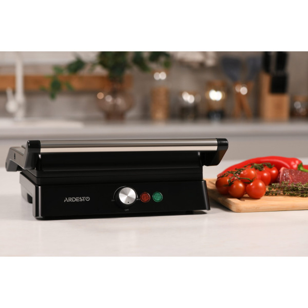 Гриль ARDESTO прижимний 1800Вт, розкриття на 180°, чорно-сріблястий