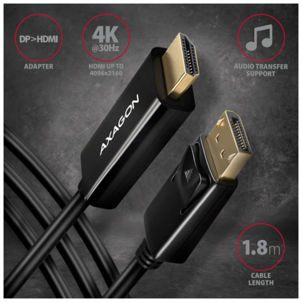 Кабель мультимедійний HDMI M to DisplayPort M 1.8m 4K30Hz black AXAGON (RVD-HI14C2)