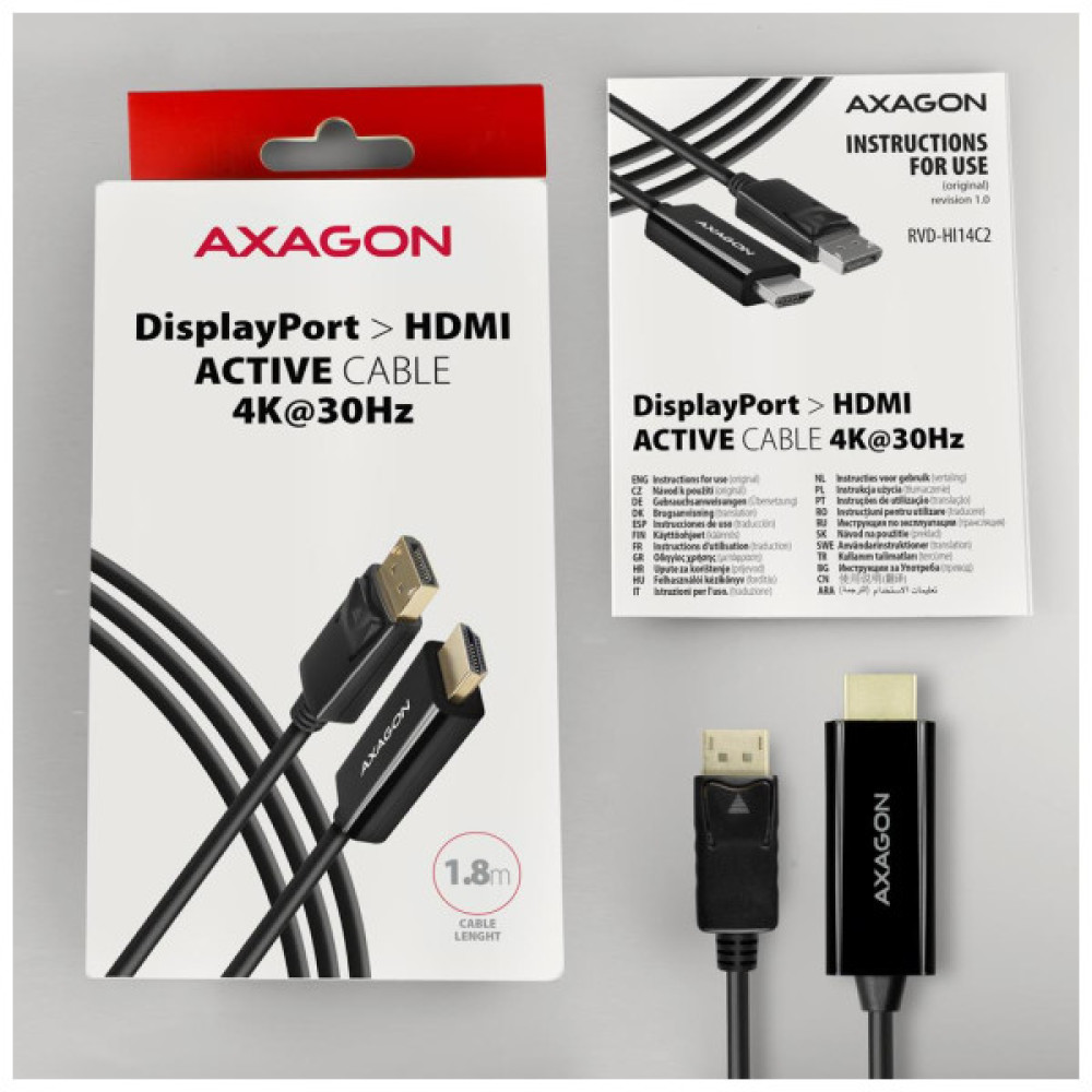 Кабель мультимедійний HDMI M to DisplayPort M 1.8m 4K30Hz black AXAGON (RVD-HI14C2)