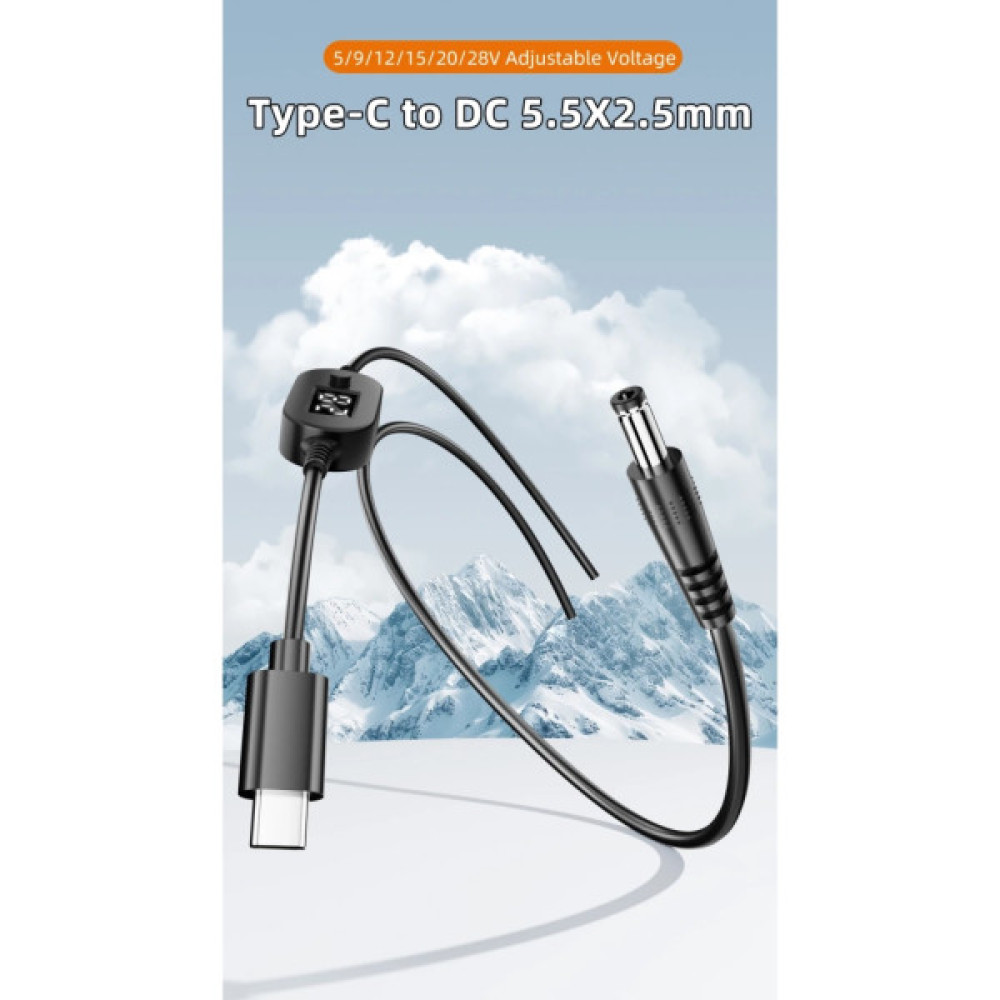 Кабель живлення USB-C to DC 5.5x2.5mm 1.0m 5V/9V/12V/15V/20V/28V 140W black XoKo (XK-K695)