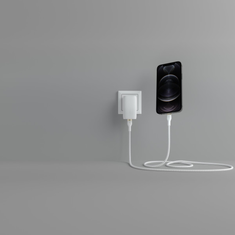 Кабель Belkin USB-C > Lightning заряджання/синхронізації 30Вт PD, 1м, плетений, силіконовий, з ремінцем на магніті, білий