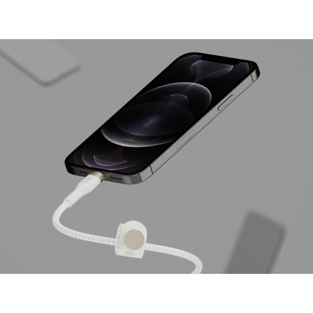 Кабель Belkin USB-C > Lightning заряджання/синхронізації 30Вт PD, 1м, плетений, силіконовий, з ремінцем на магніті, білий