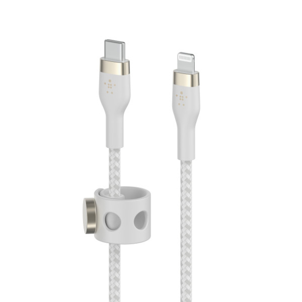 Кабель Belkin USB-C > Lightning заряджання/синхронізації 30Вт PD, 1м, плетений, силіконовий, з ремінцем на магніті, білий