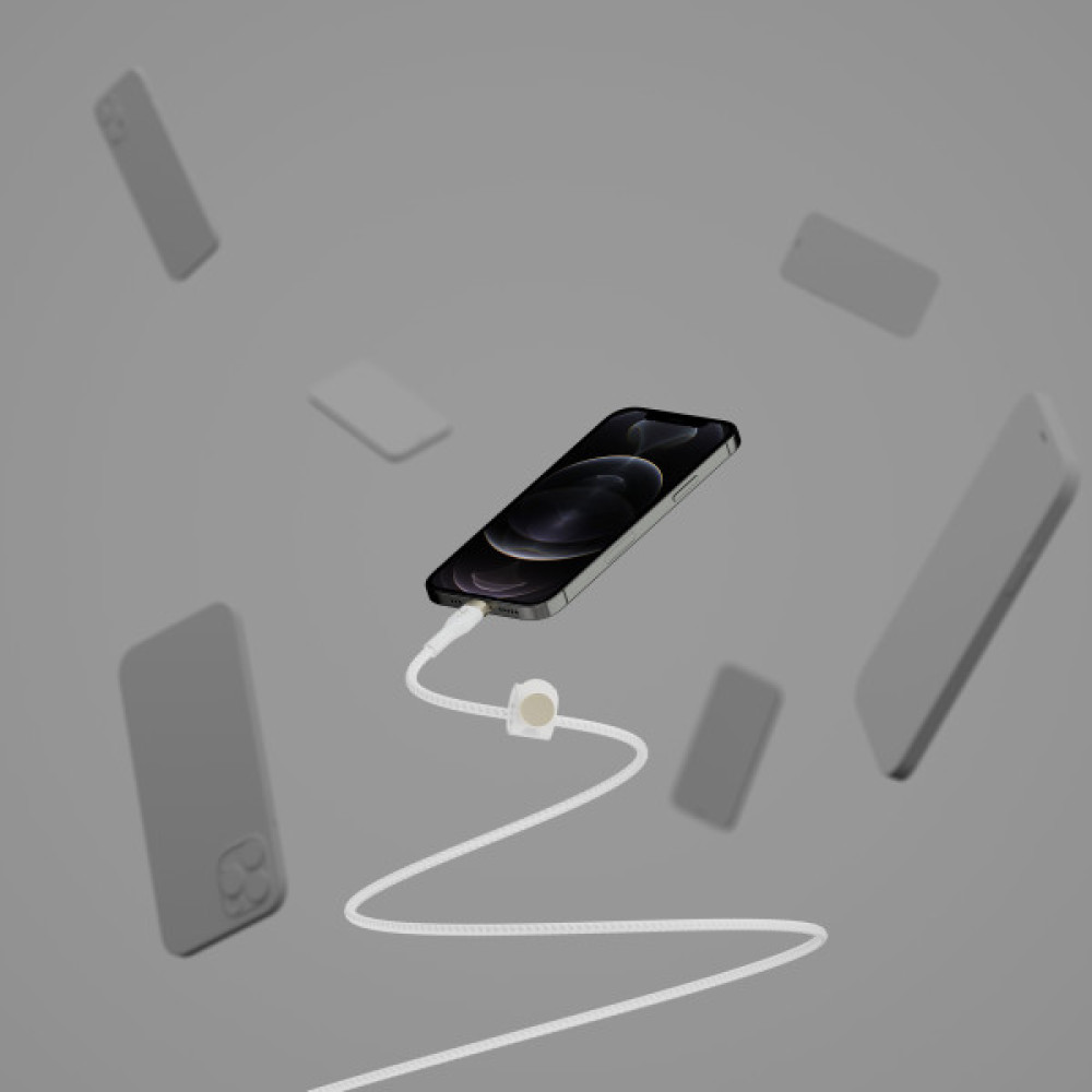 Кабель Belkin USB-C > Lightning заряджання/синхронізації 30Вт PD, 1м, плетений, силіконовий, з ремінцем на магніті, білий