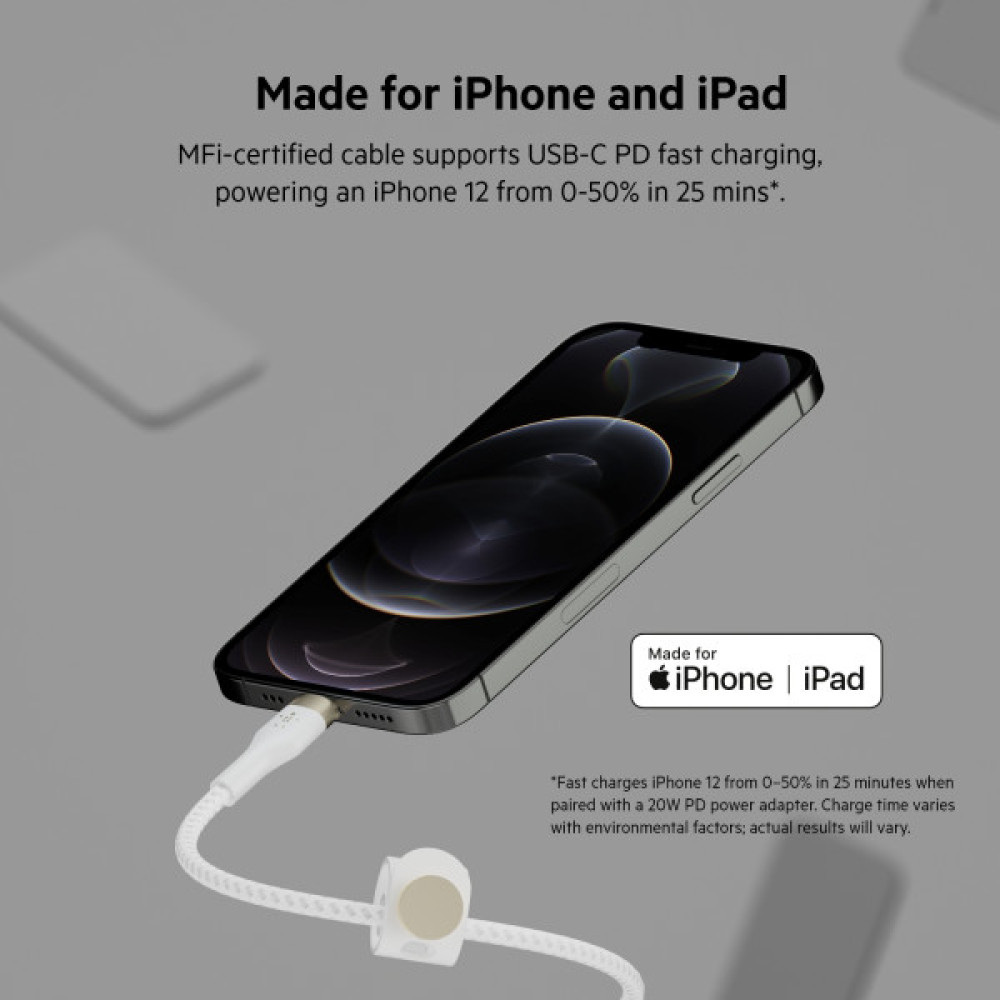 Кабель Belkin USB-C > Lightning заряджання/синхронізації 30Вт PD, 1м, плетений, силіконовий, з ремінцем на магніті, білий