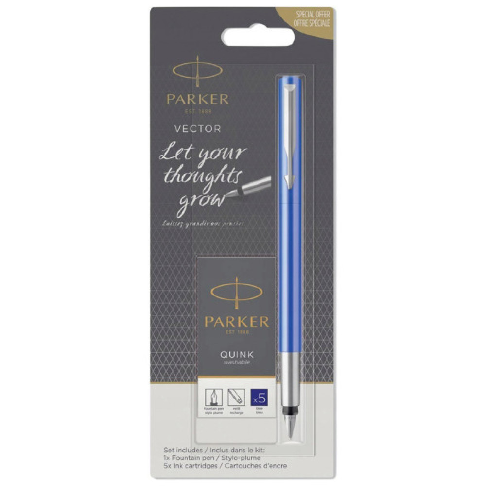 Ручка пір'яна Parker VECTOR 17 Blue FP M Картриджі Parker Quink /5шт. син. змивані блістер (05 716b)