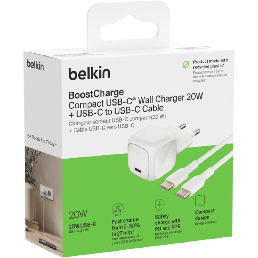 Зарядний пристрій Belkin USB-C PD20W PPS PD3.1 + cable USB-C to USB-C 1.0m (WCA009KQ1MWH-B6)