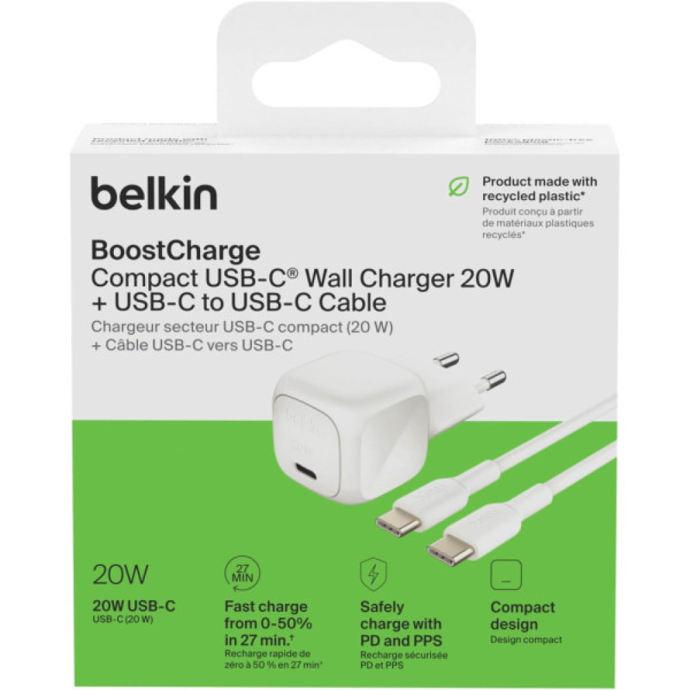 Зарядний пристрій Belkin USB-C PD20W PPS PD3.1 + cable USB-C to USB-C 1.0m (WCA009KQ1MWH-B6)