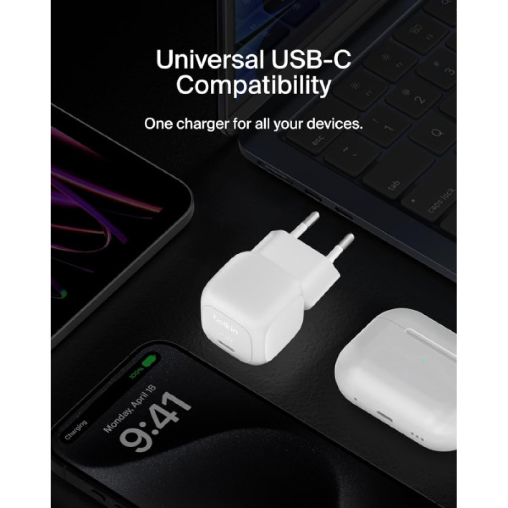 Зарядний пристрій Belkin USB-C PD20W PPS PD3.1 + cable USB-C to USB-C 1.0m (WCA009KQ1MWH-B6)