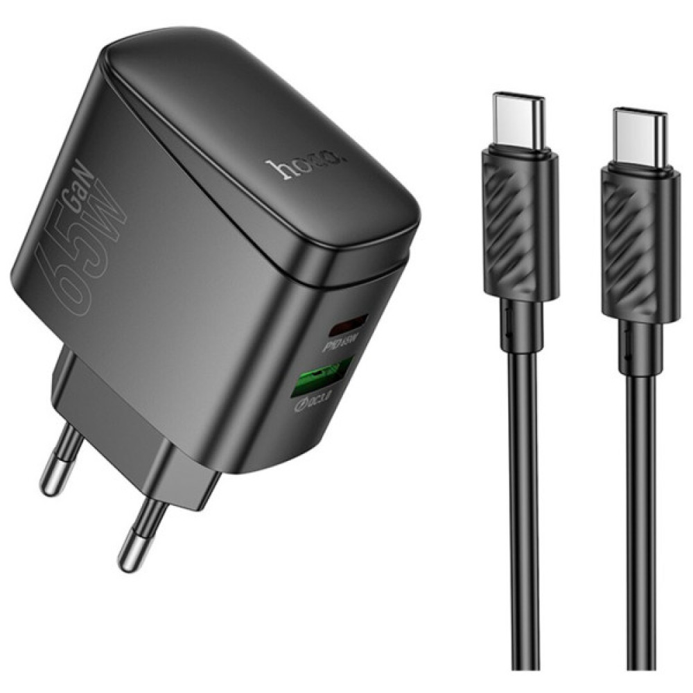 Зарядний пристрій HOCO CS63A Bright 1xUSB-C PD65W + 1xUSB QC3.0 + cable USB-C to USB-C Black (6942007638487)