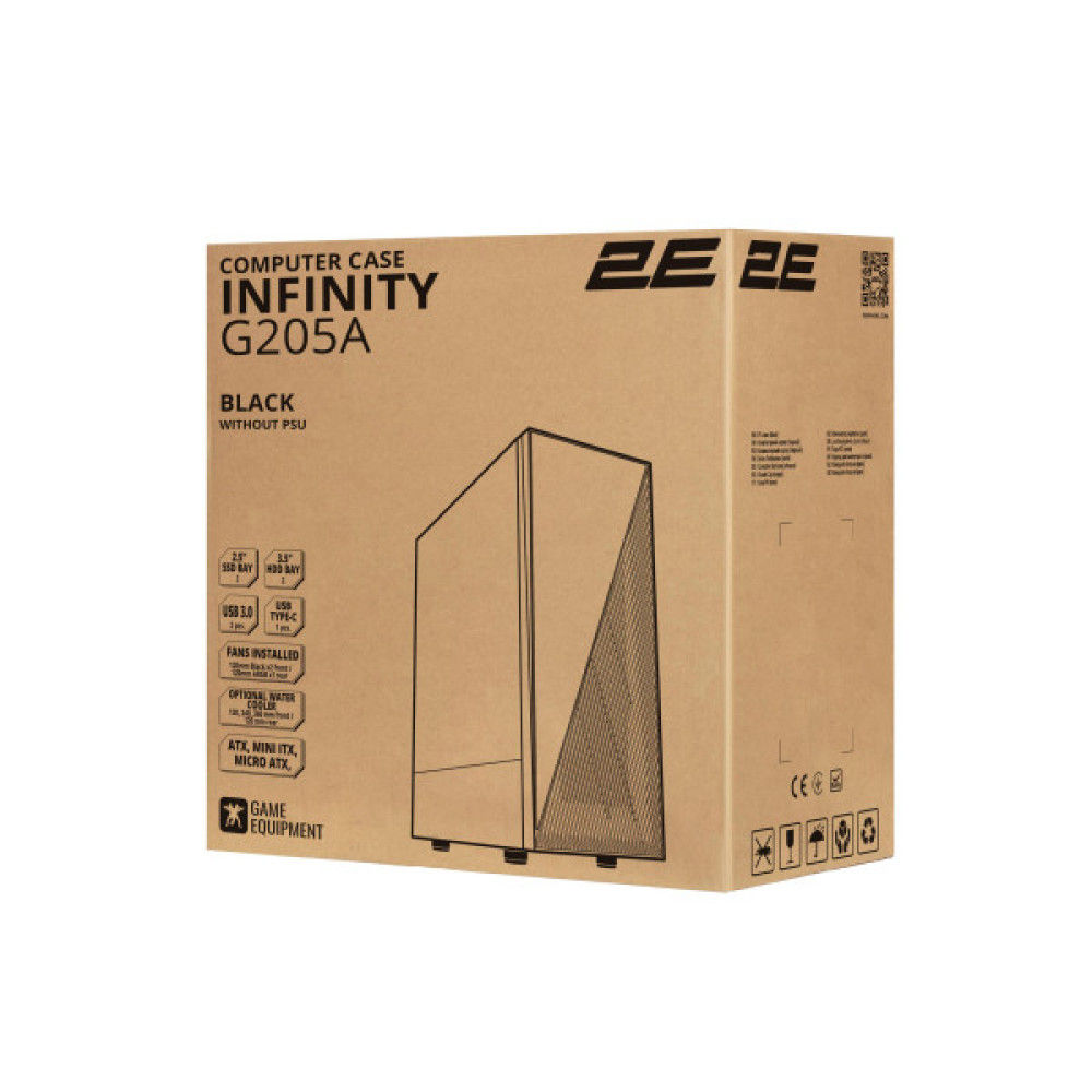 Корпус 2E GAMING Infinity G205A без БЖ 2xUSB3.0, 1xUSBType-C, 1x120мм ARGB, 2x120мм, VGA 345мм, LCS ready, TG Side Panel, ATX, чорний
