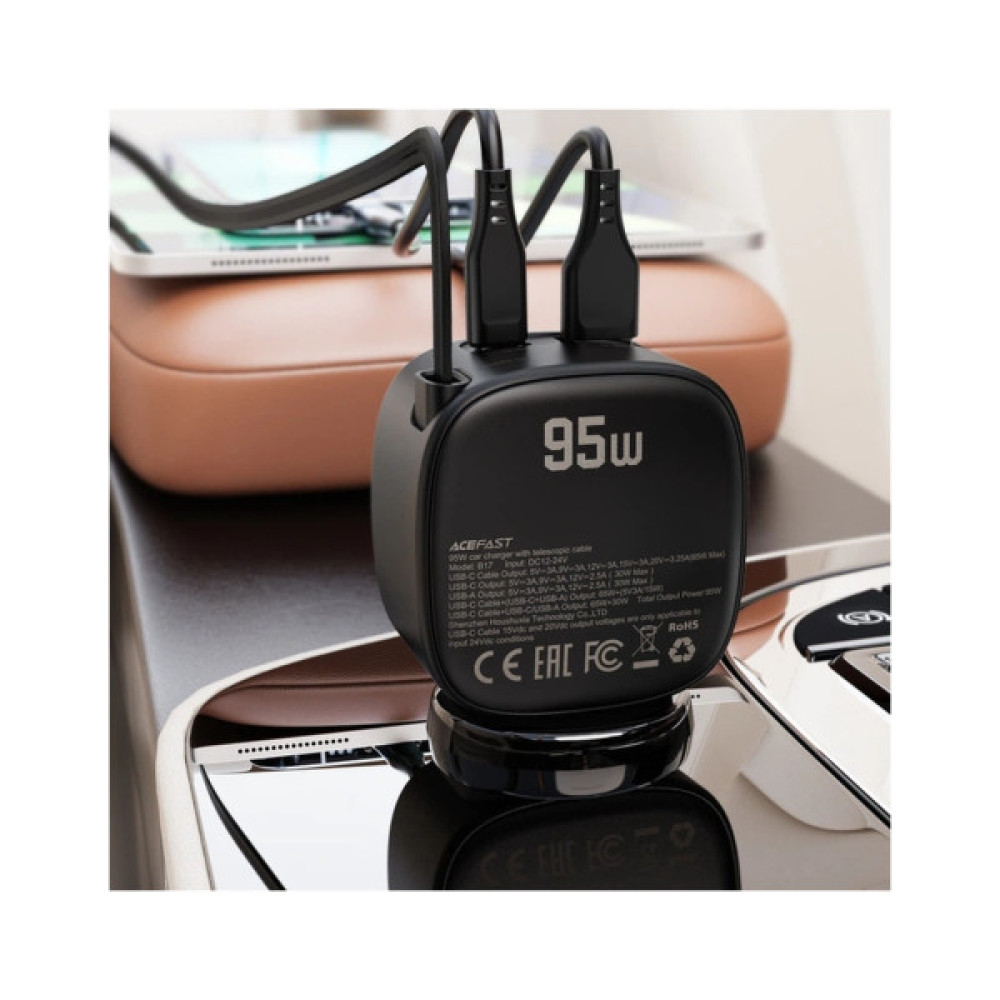 Зарядний пристрій Acefast 1xUSB-C PD95W + telescopic cable USB-C black (6974316285946)