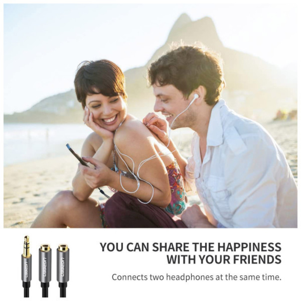 Кабель мультимедійний 3.5mm M to 2x3.5mm F 0.2m AV123 black UGREEN (10532)