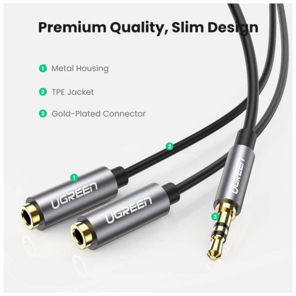 Кабель мультимедійний 3.5mm M to 2x3.5mm F 0.2m AV123 black UGREEN (10532)