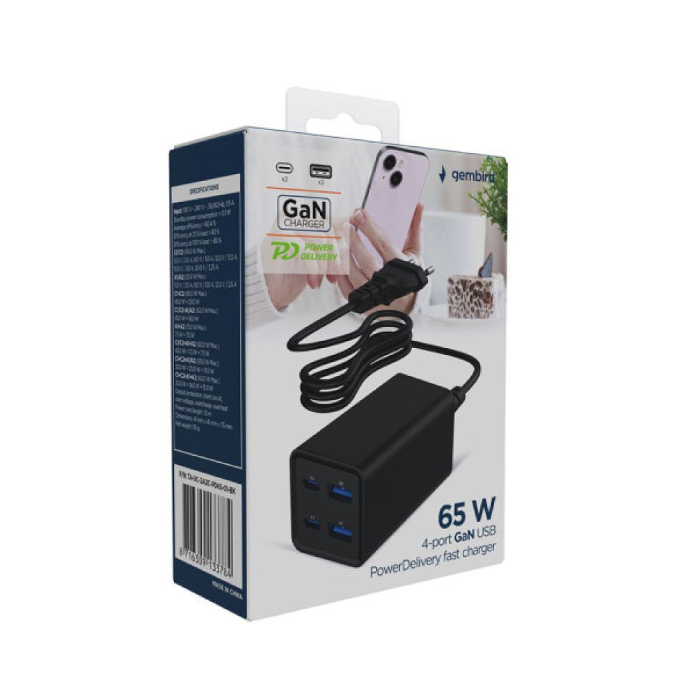 Зарядний пристрій Gembird 2xUSB-C PD65W + 2xUSB QC3.0 30W black (TA-UC-2A2C-PD65-01-BK)