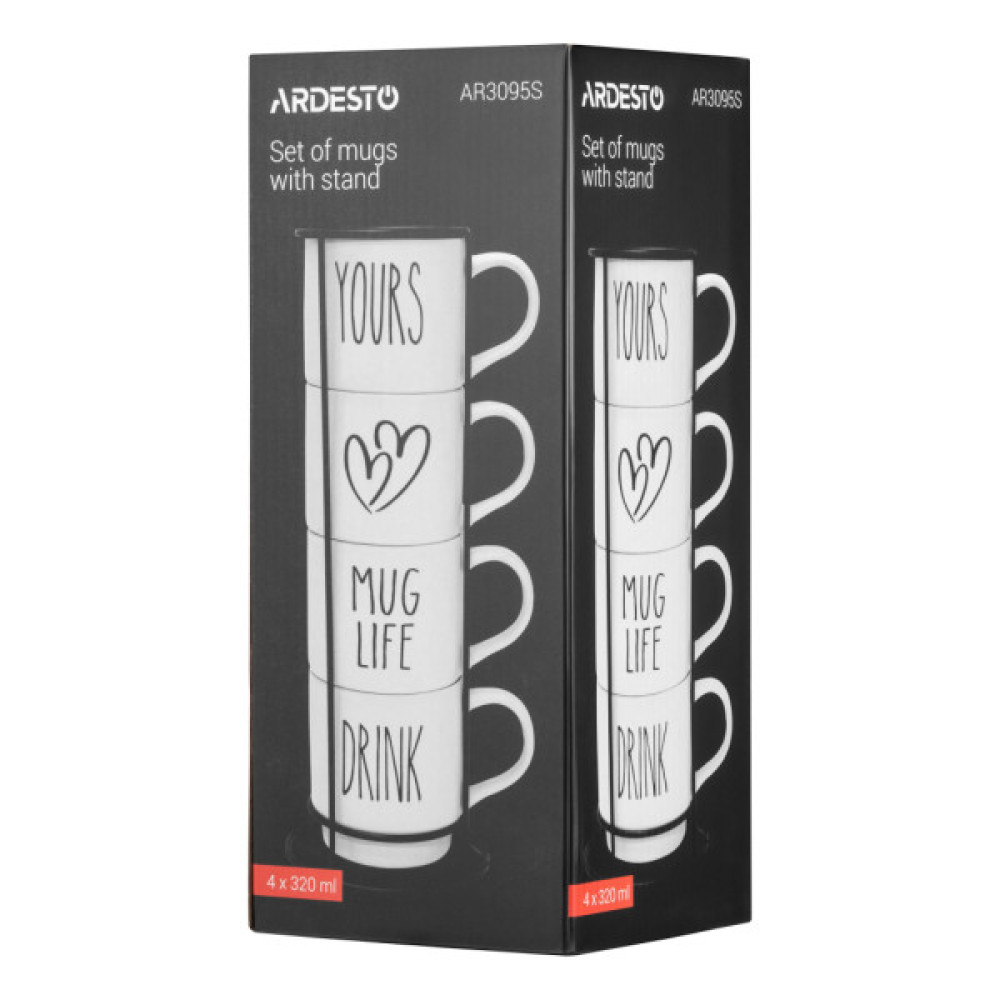 Набір чашок Ardesto 320мл, 4шт, кераміка, метал, білий (AR3095S)